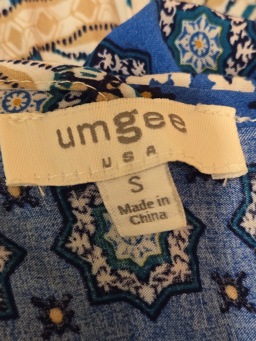 Umgee Mixed Print Blue Peasant Bohemian Tunic Dress with Crisscross Back Size S - Picture 2 of 14